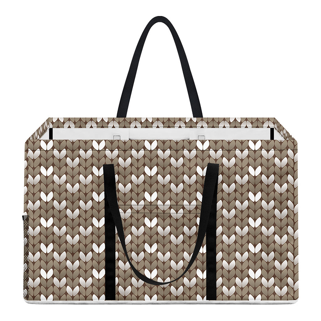 Beige And White Knitted Pattern Print Utility Tote Bag