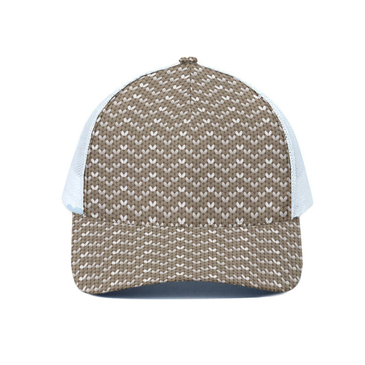 Beige And White Knitted Pattern Print White Mesh Trucker Cap