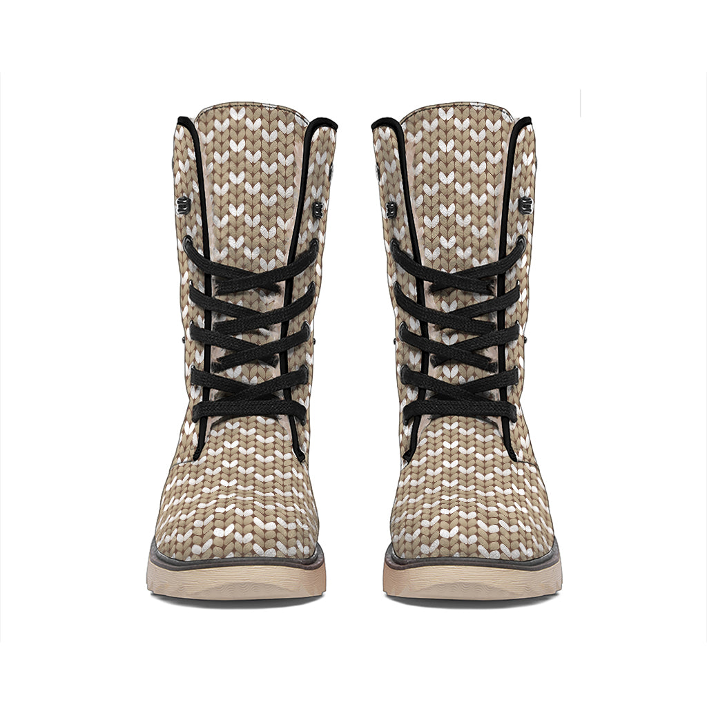 Beige And White Knitted Pattern Print Winter Boots