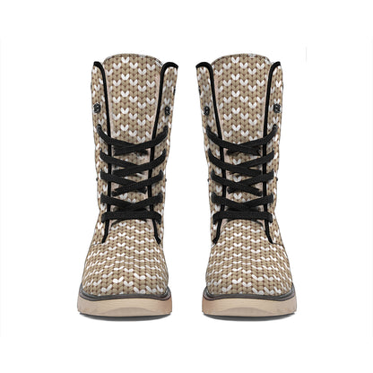 Beige And White Knitted Pattern Print Winter Boots