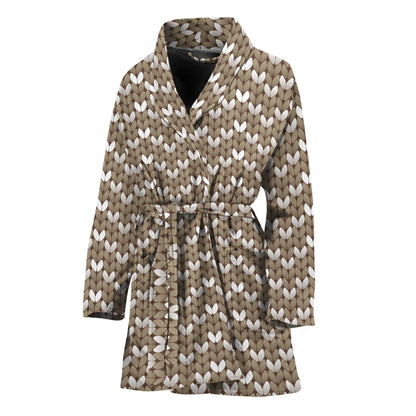Beige And White Knitted Pattern Print Women's Bathrobe