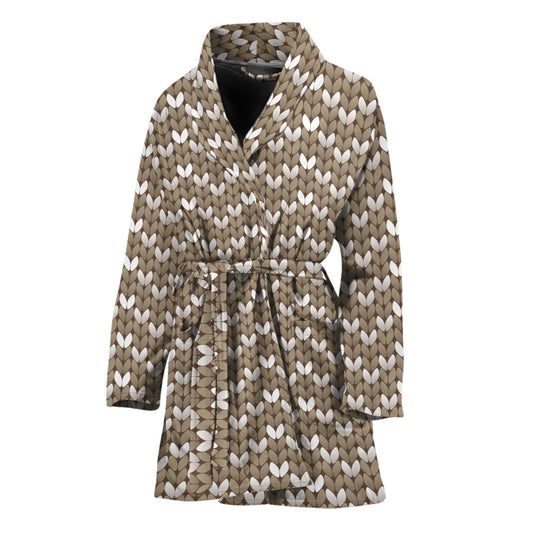 Beige And White Knitted Pattern Print Women's Bathrobe