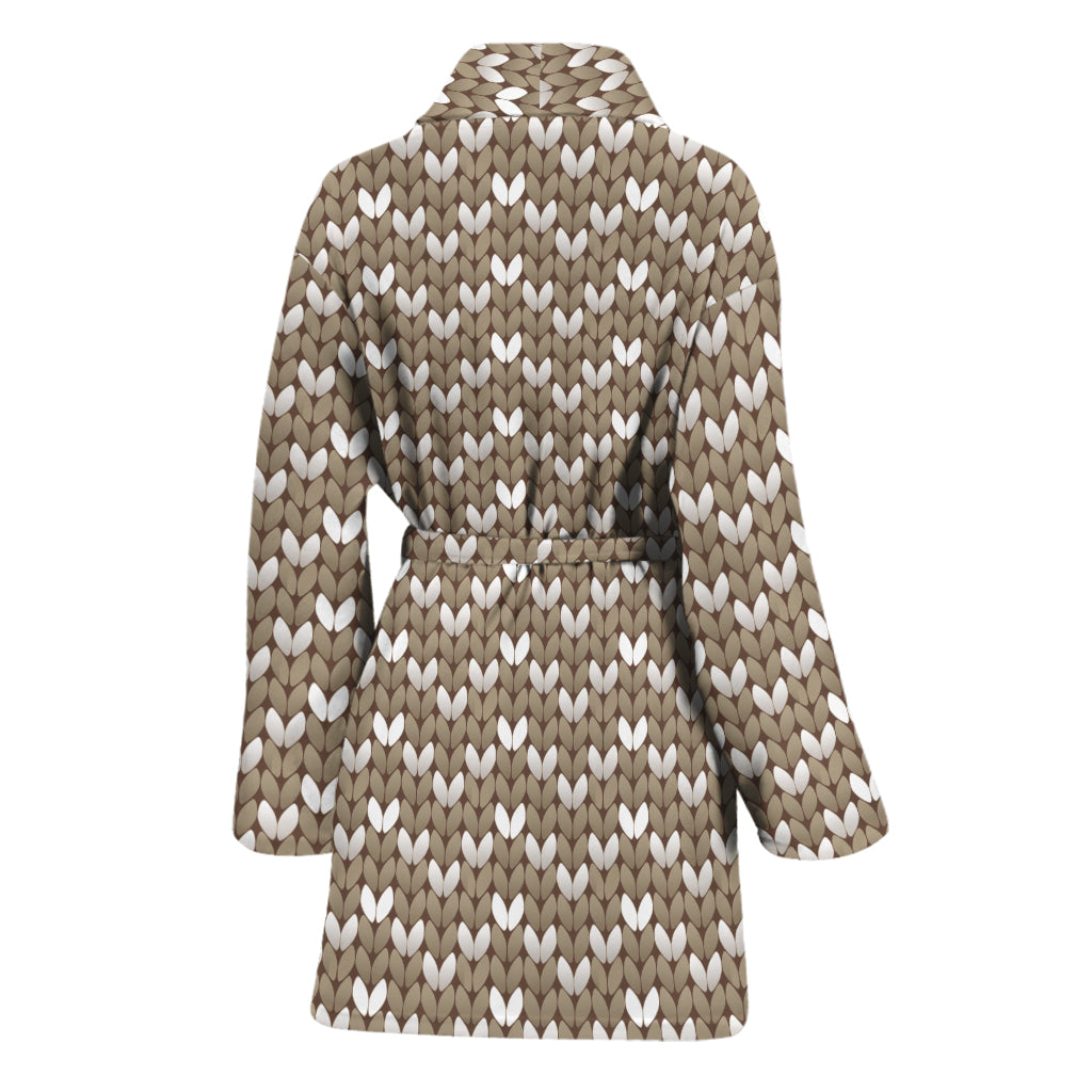 Beige And White Knitted Pattern Print Women's Bathrobe