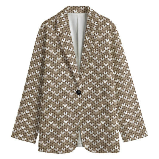 Beige And White Knitted Pattern Print Women's Blazer