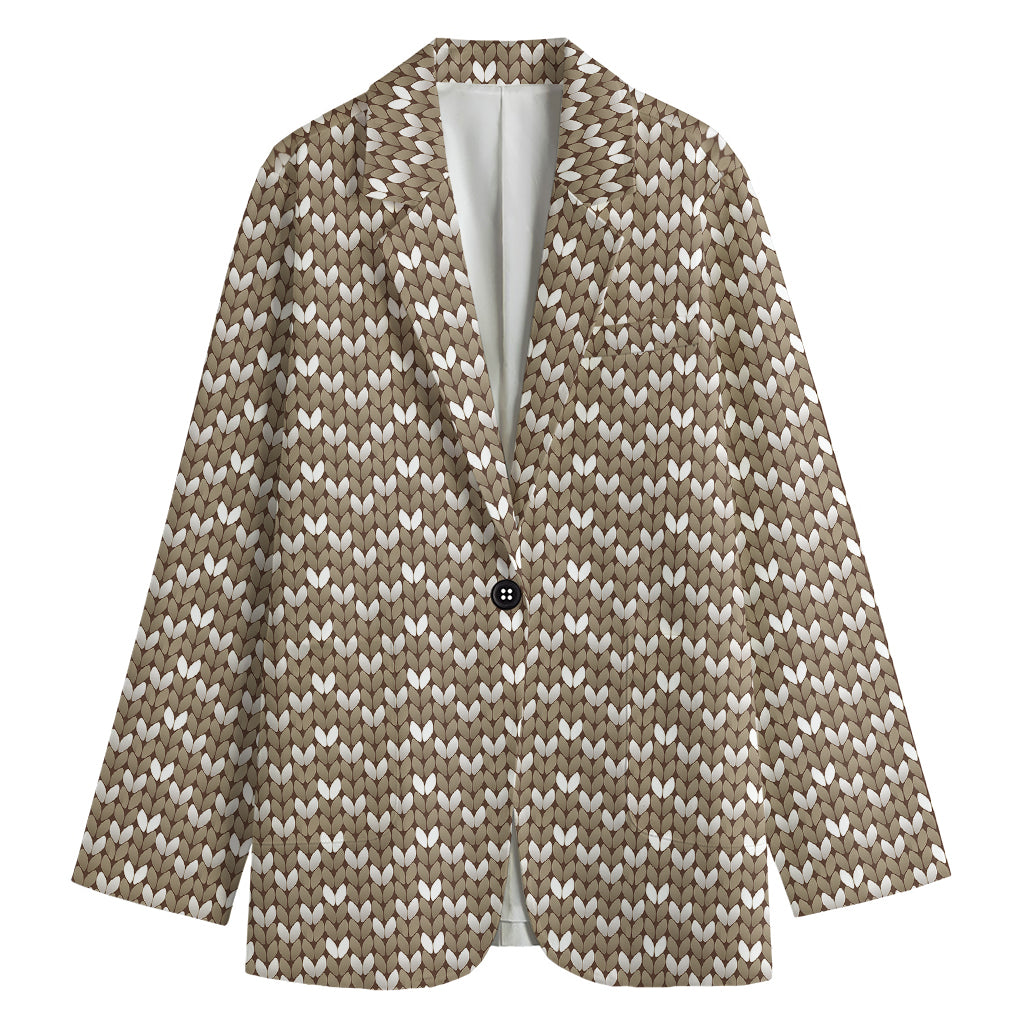 Beige And White Knitted Pattern Print Women's Cotton Blazer