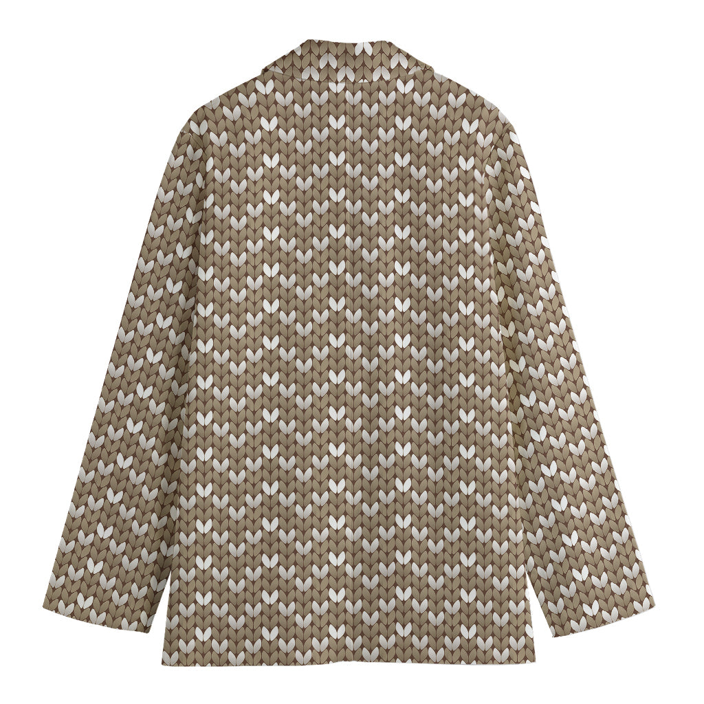 Beige And White Knitted Pattern Print Women's Cotton Blazer