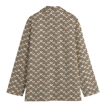 Beige And White Knitted Pattern Print Women's Cotton Blazer