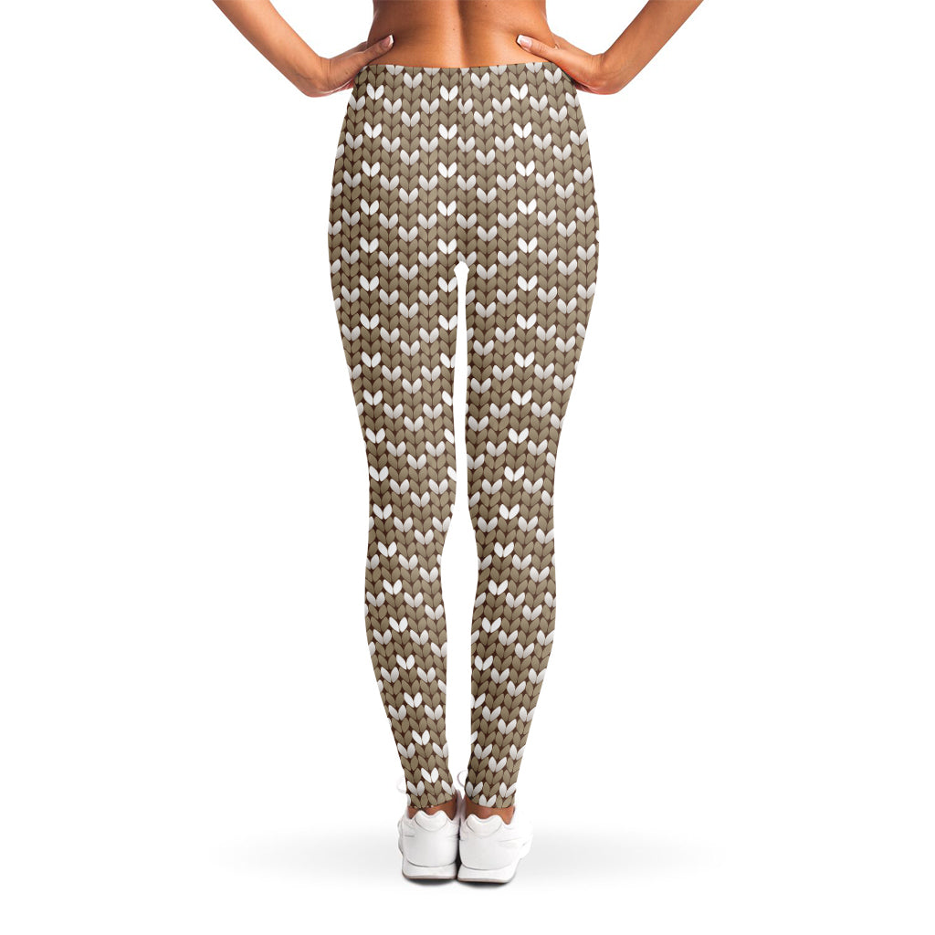 Beige And White Knitted Pattern Print Women's Leggings