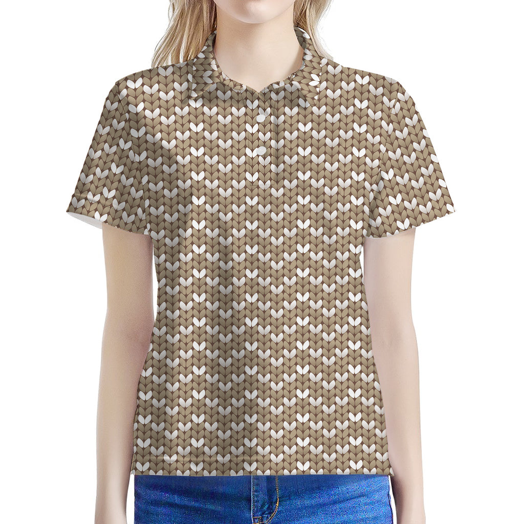 Beige And White Knitted Pattern Print Women's Polo Shirt