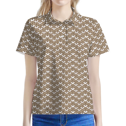 Beige And White Knitted Pattern Print Women's Polo Shirt