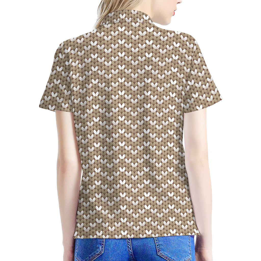 Beige And White Knitted Pattern Print Women's Polo Shirt