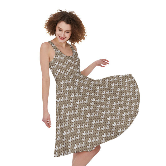 Beige And White Knitted Pattern Print Women's Sleeveless Dress