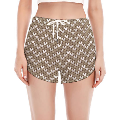 Beige And White Knitted Pattern Print Women's Split Running Shorts