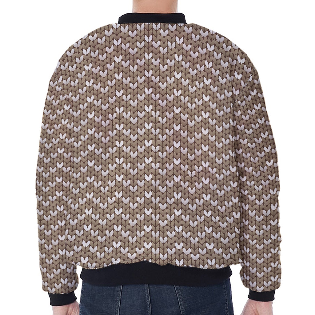 Beige And White Knitted Pattern Print Zip Sleeve Bomber Jacket