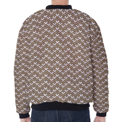 Beige And White Knitted Pattern Print Zip Sleeve Bomber Jacket