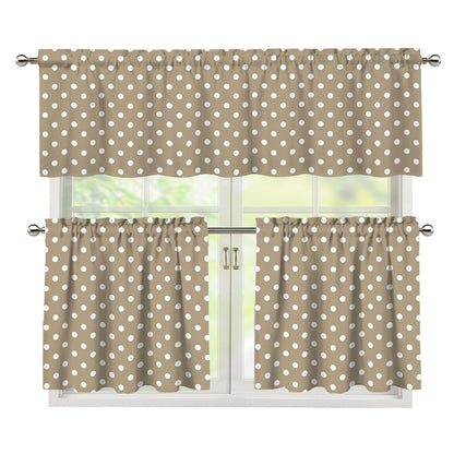 Beige And White Polka Dot Pattern Print 3 Piece Kitchen Curtains