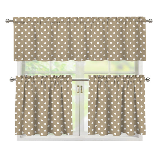 Beige And White Polka Dot Pattern Print 3 Piece Kitchen Curtains