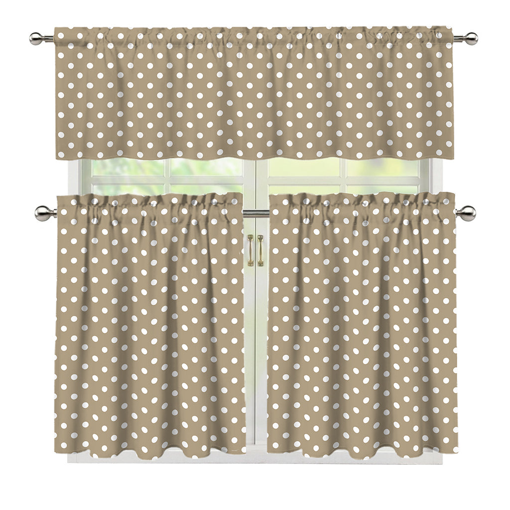 Beige And White Polka Dot Pattern Print 3 Piece Kitchen Curtains