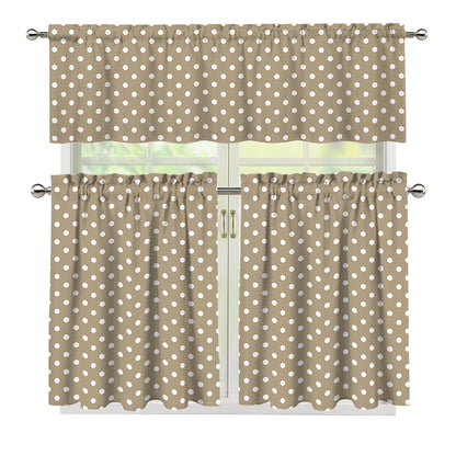 Beige And White Polka Dot Pattern Print 3 Piece Kitchen Curtains