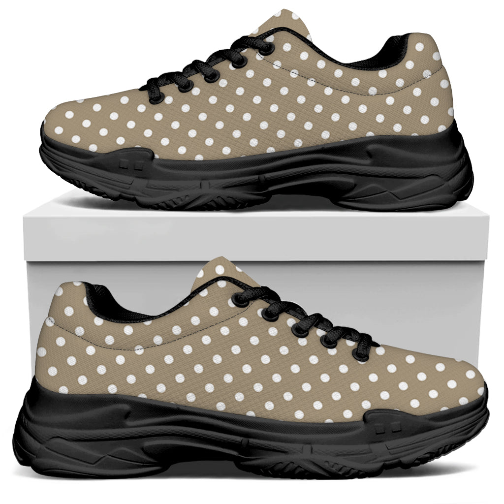 Beige And White Polka Dot Pattern Print Black Chunky Shoes