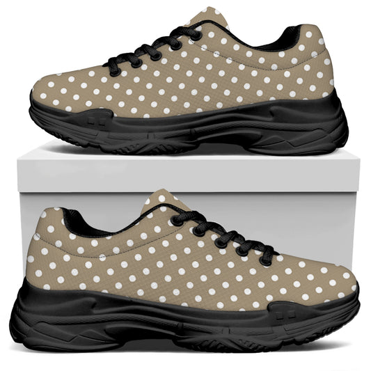 Beige And White Polka Dot Pattern Print Black Chunky Shoes