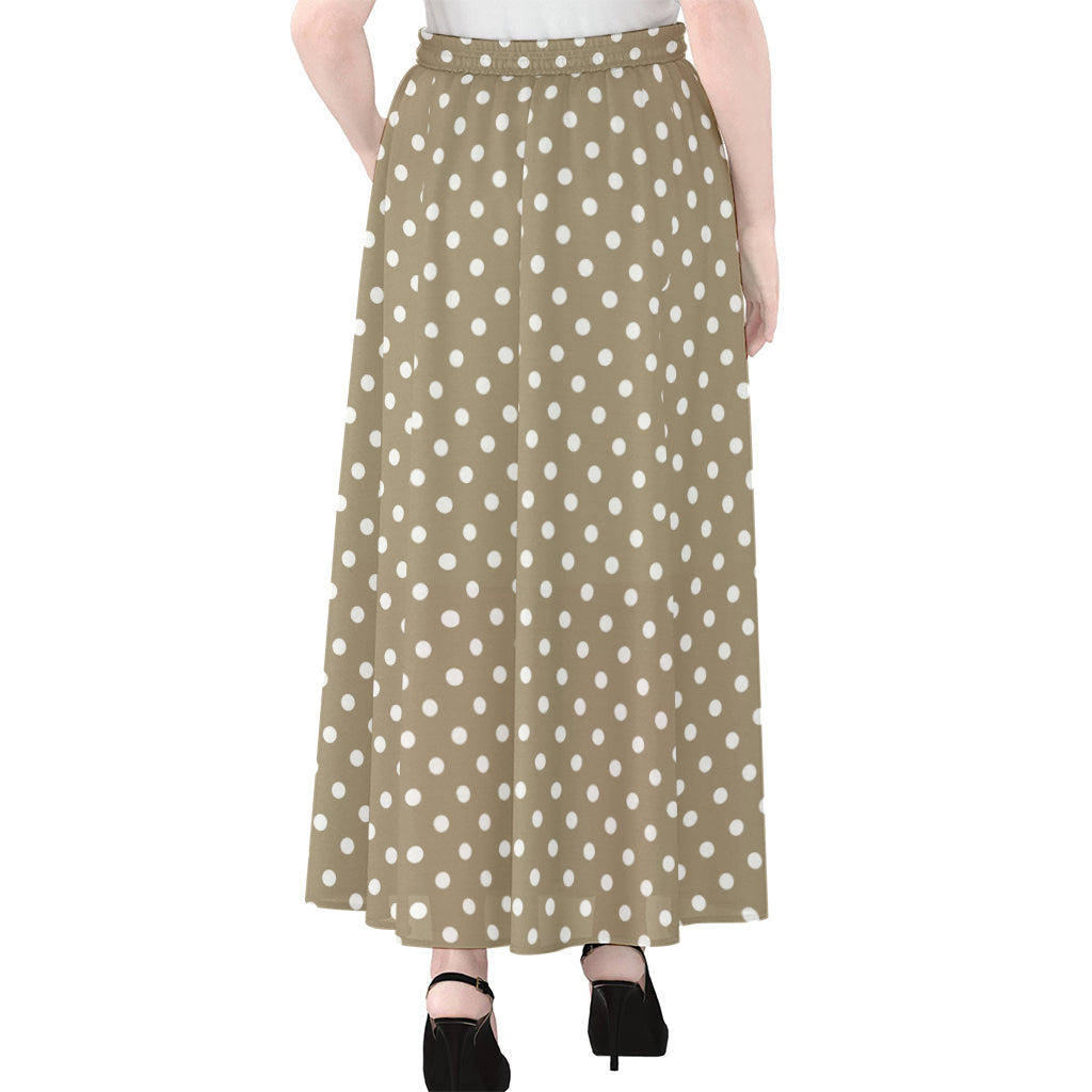Beige And White Polka Dot Pattern Print Chiffon Maxi Skirt