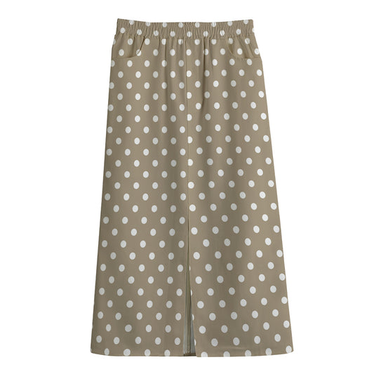 Beige And White Polka Dot Pattern Print Cotton Front Slit Maxi Skirt