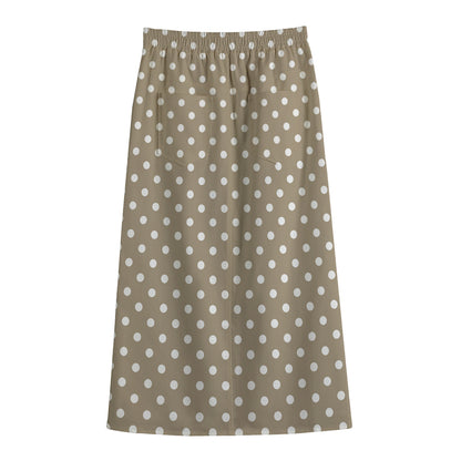 Beige And White Polka Dot Pattern Print Cotton Front Slit Maxi Skirt