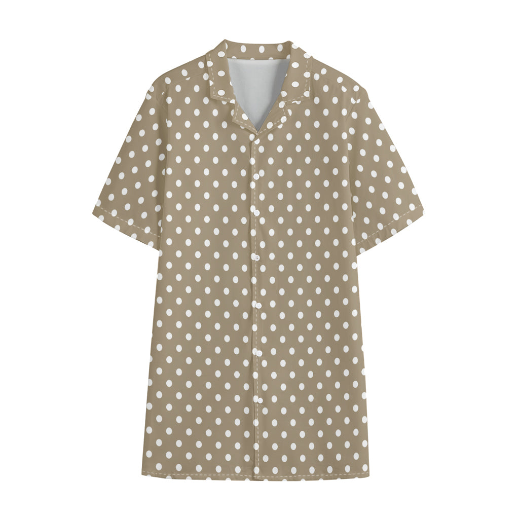 Beige And White Polka Dot Pattern Print Cotton Hawaiian Shirt