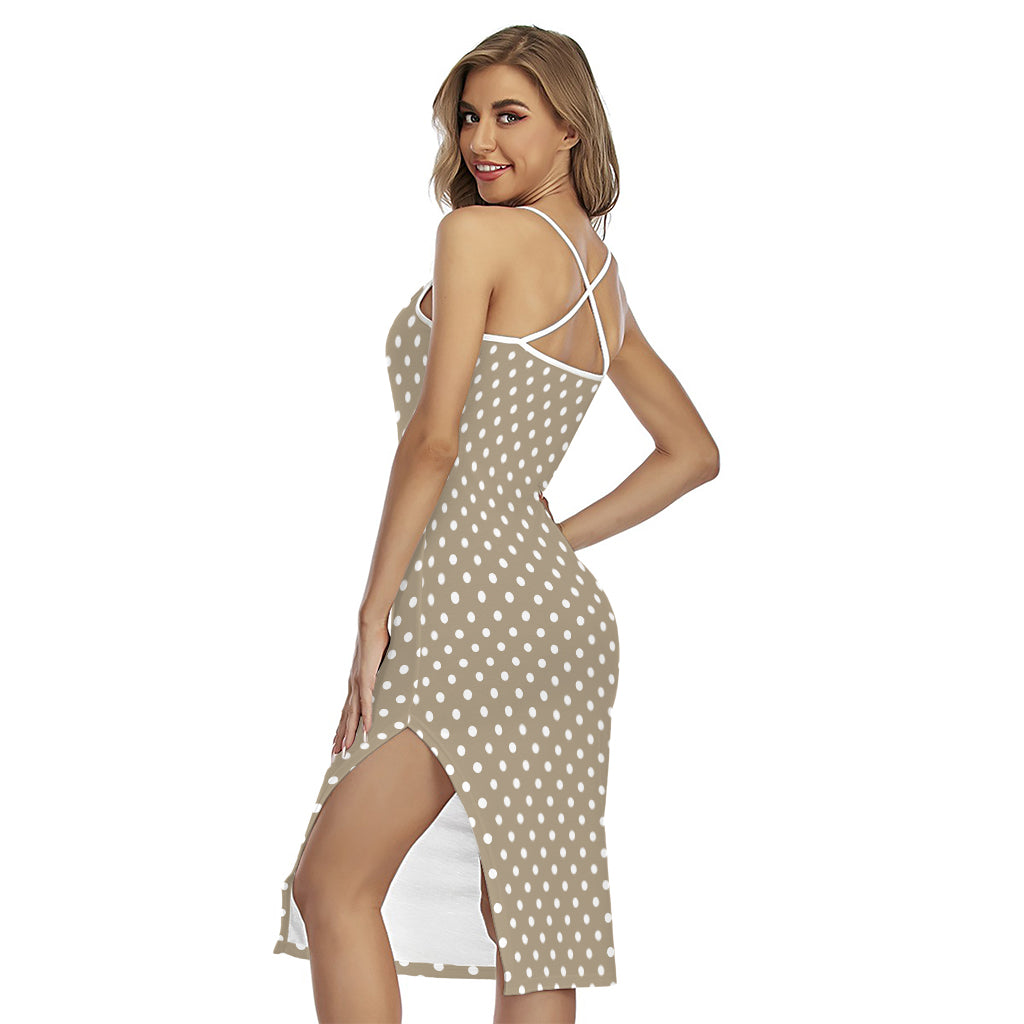 Beige And White Polka Dot Pattern Print Cross Back Cami Dress