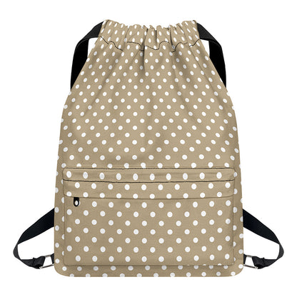 Beige And White Polka Dot Pattern Print Drawstring Backpack