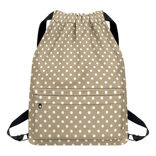 Beige And White Polka Dot Pattern Print Drawstring Backpack
