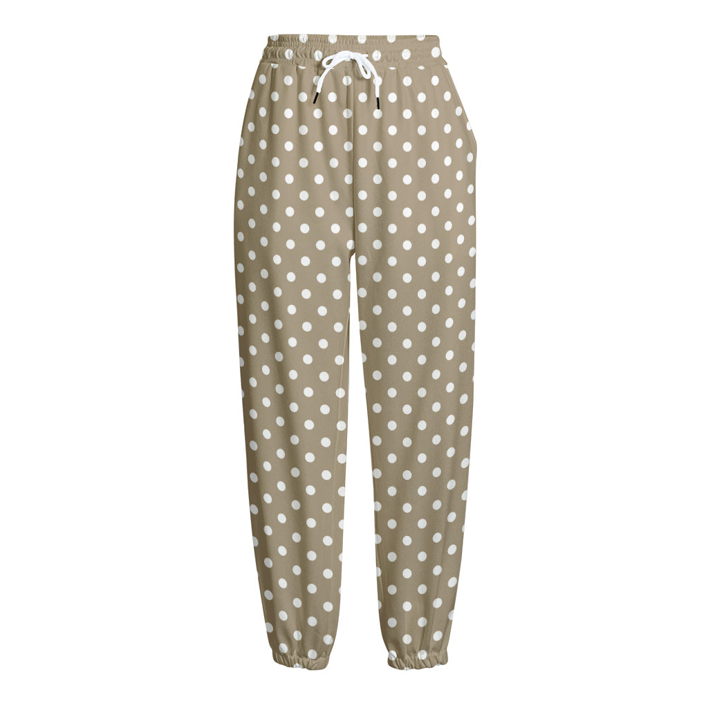 Beige And White Polka Dot Pattern Print Fleece Lined Knit Pants
