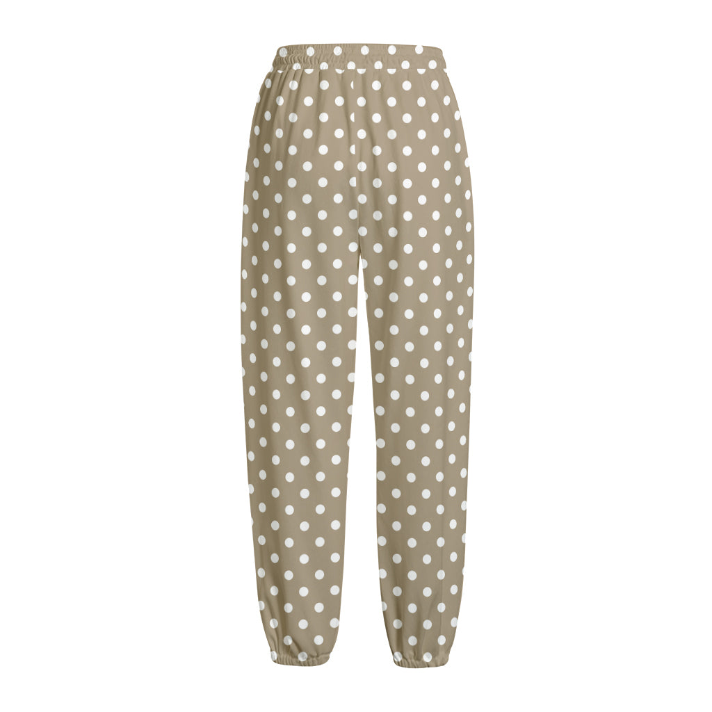 Beige And White Polka Dot Pattern Print Fleece Lined Knit Pants
