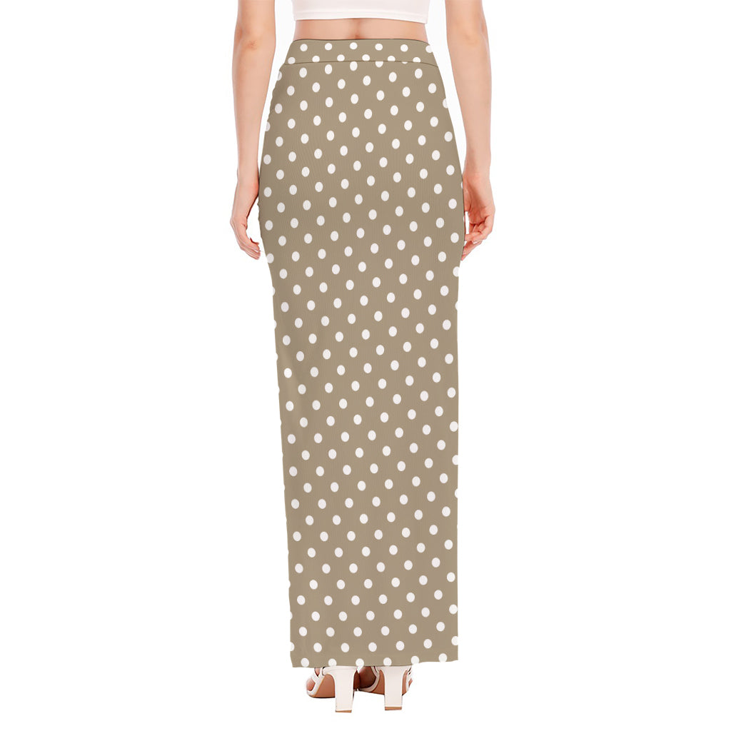 Beige And White Polka Dot Pattern Print High Slit Maxi Skirt