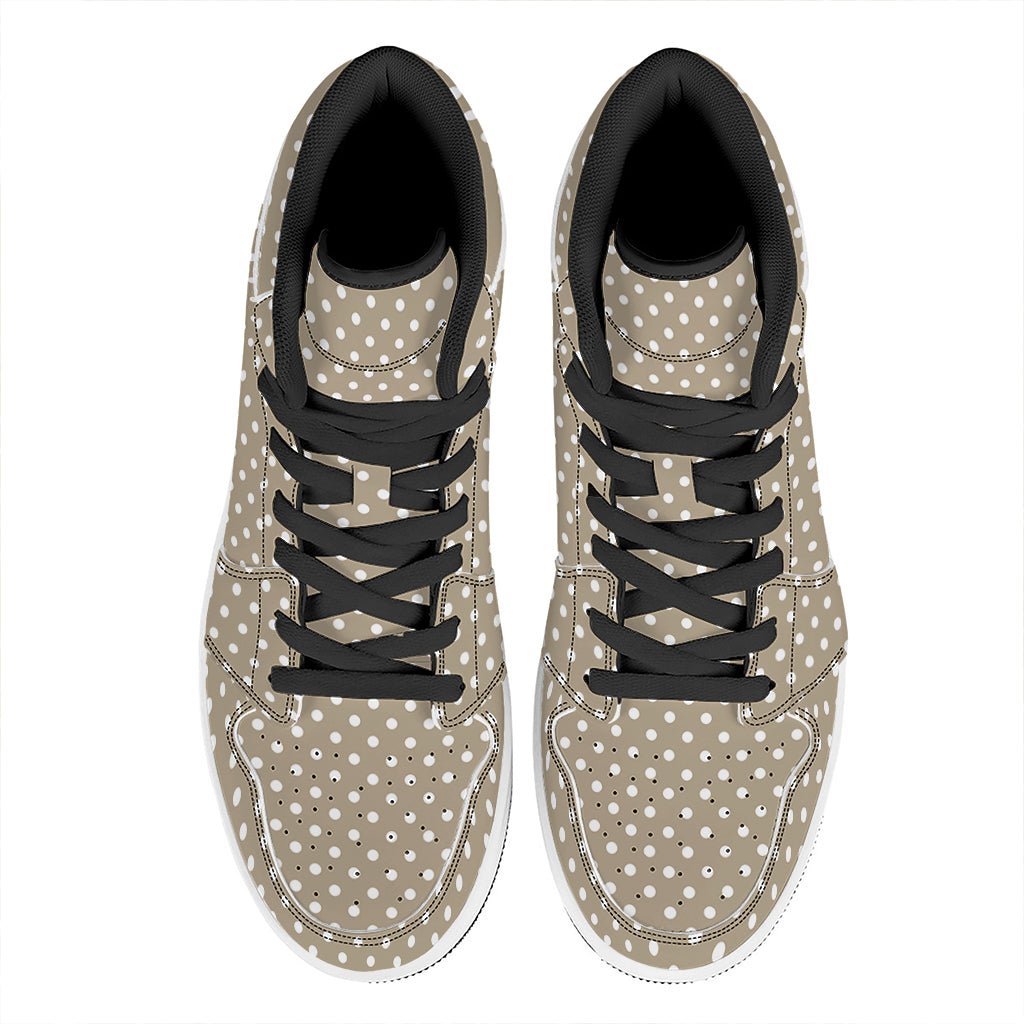 Beige And White Polka Dot Pattern Print High Top Leather Sneakers