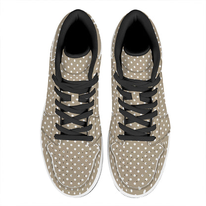 Beige And White Polka Dot Pattern Print High Top Leather Sneakers