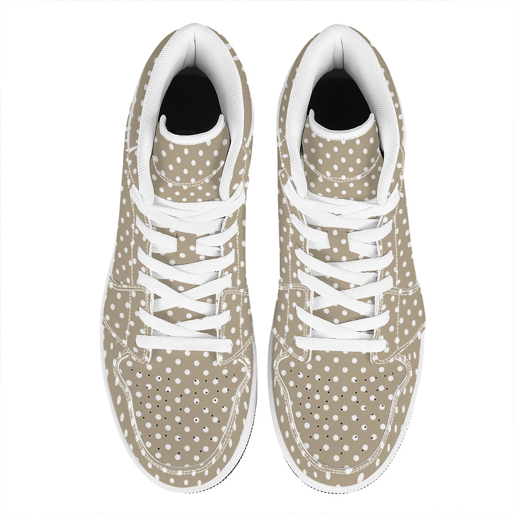 Beige And White Polka Dot Pattern Print High Top Leather Sneakers