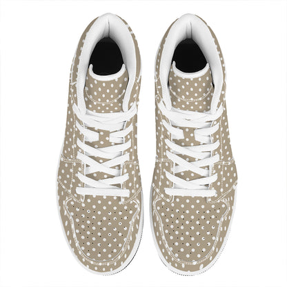 Beige And White Polka Dot Pattern Print High Top Leather Sneakers