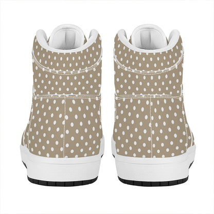 Beige And White Polka Dot Pattern Print High Top Leather Sneakers