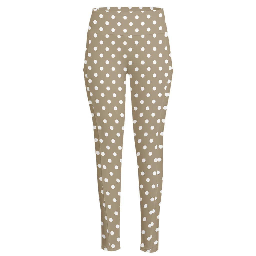 Beige And White Polka Dot Pattern Print High-Waisted Pocket Leggings