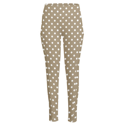 Beige And White Polka Dot Pattern Print High-Waisted Pocket Leggings