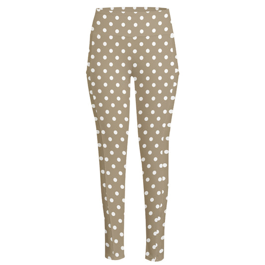 Beige And White Polka Dot Pattern Print High-Waisted Pocket Leggings