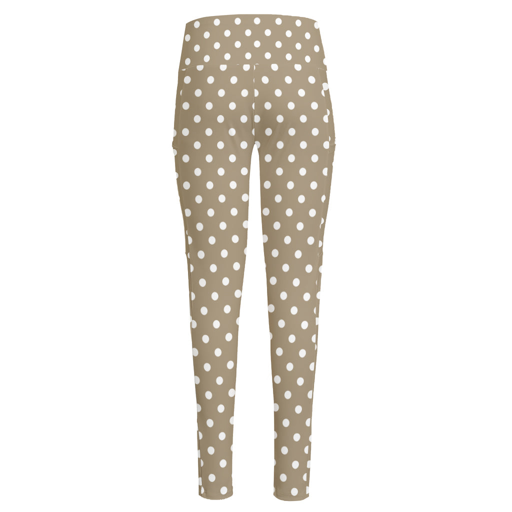 Beige And White Polka Dot Pattern Print High-Waisted Pocket Leggings
