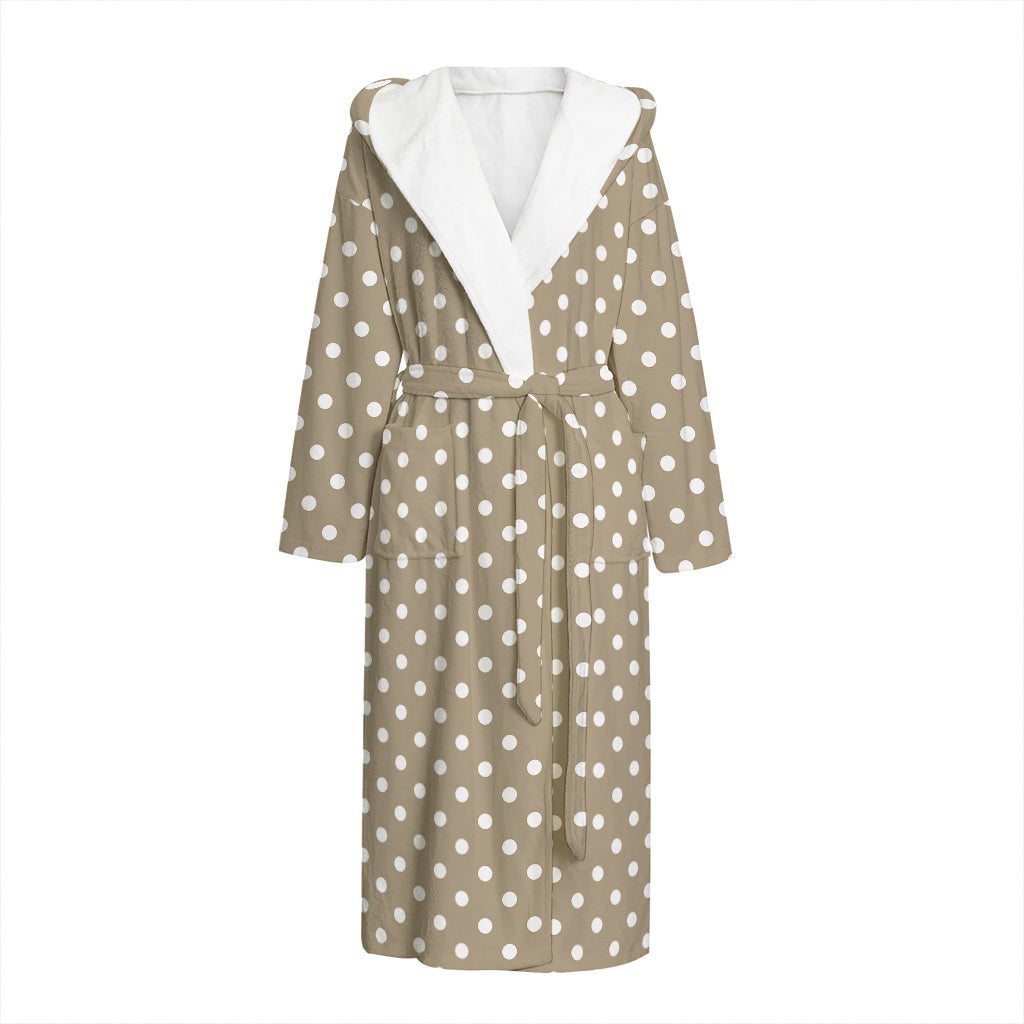 Beige And White Polka Dot Pattern Print Hooded Bathrobe