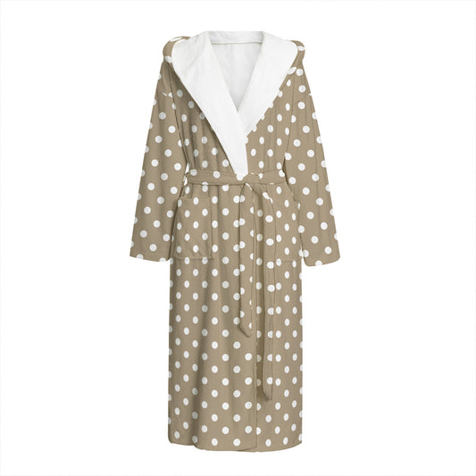 Beige And White Polka Dot Pattern Print Hooded Bathrobe