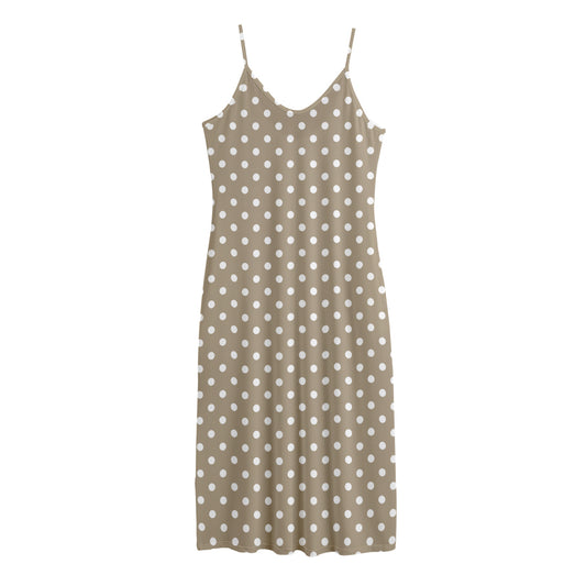 Beige And White Polka Dot Pattern Print Jersey Midi Cami Dress