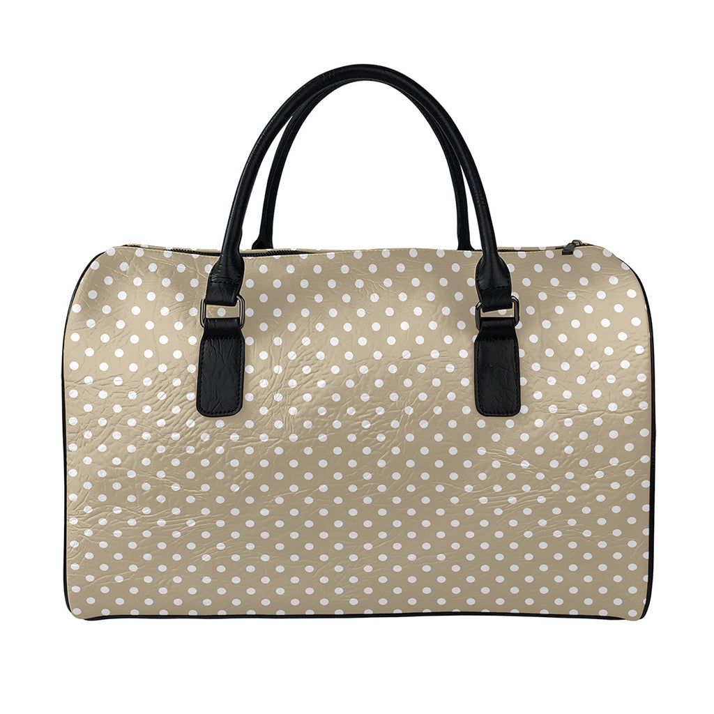 Beige And White Polka Dot Pattern Print Leather Duffle Bag