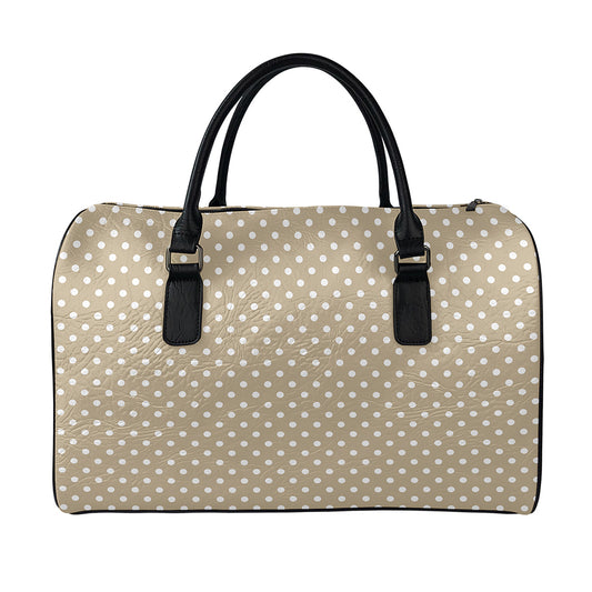 Beige And White Polka Dot Pattern Print Leather Duffle Bag