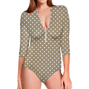 Beige And White Polka Dot Pattern Print Long Sleeve Swimsuit